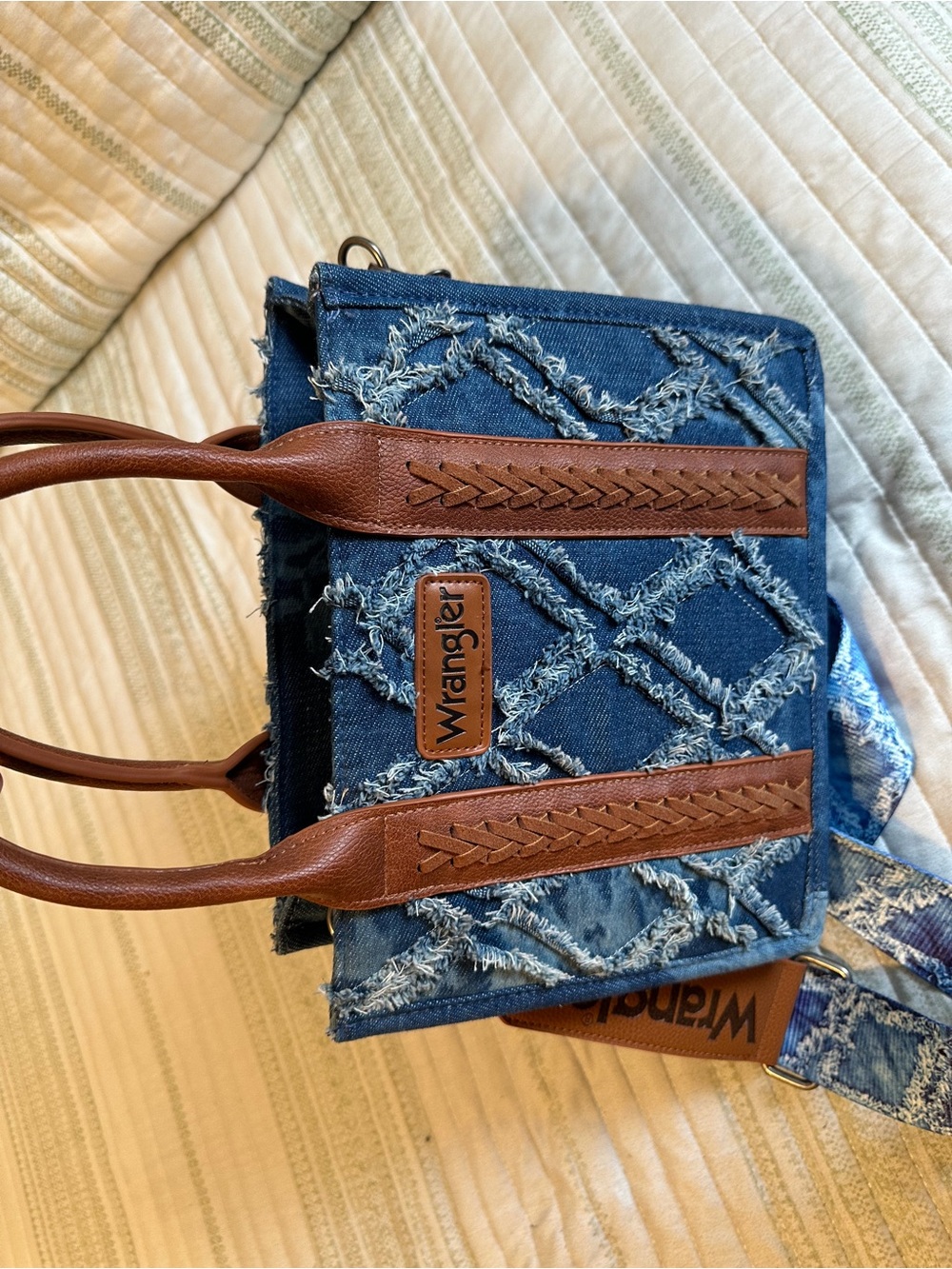 Wrangler Blue Denim Tote with Brown Leather Handles